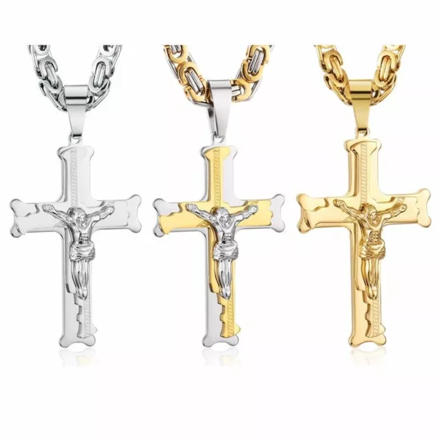 Deluxe Kreuz Kette Jesus Anhänger Königskette Massiv Edelstahl Halskette Herren 2