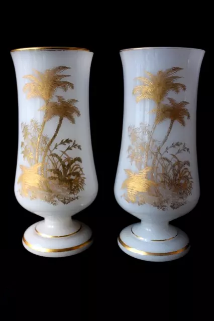 Antique Baccarat pair of large gilt white opaline glass vases c 1850