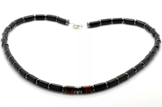 Necklace Onyx Tiger's Eye Hematite Bead 925 Sterling Silver Clasp Handmade Gift