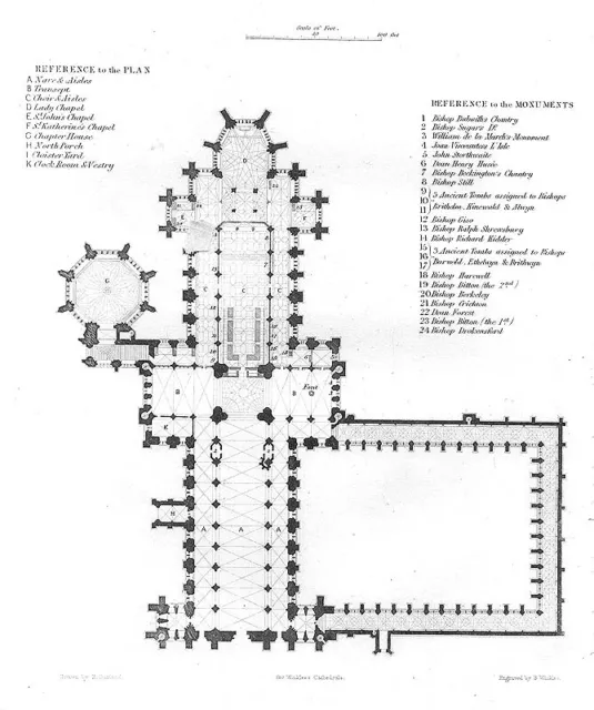 Somerset WELLS CATHEDRAL CHURCH PLAN MAP ~ 1838 Architecture Art Print Engraving