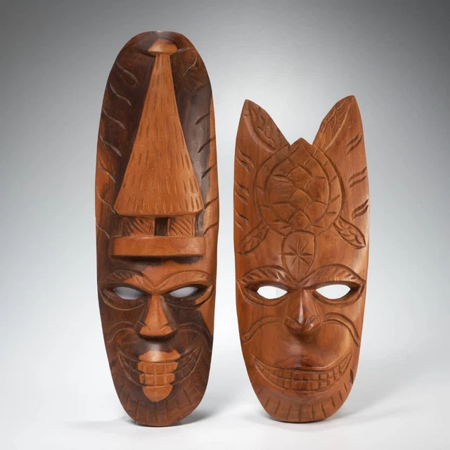 Pacific Island Oceania Hand Carved Tribal Wooden Turtle House Hut Art Mask Pair