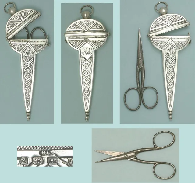 Antique Sterling Silver Scissors Case w/ Scissors * English * Hallmarked 1874