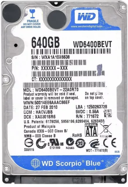 Disque Dur WD Bleu Scorpio WD6400BEVT 640GB 5400U/Min SATA II 8MB 2.5'' Pouce