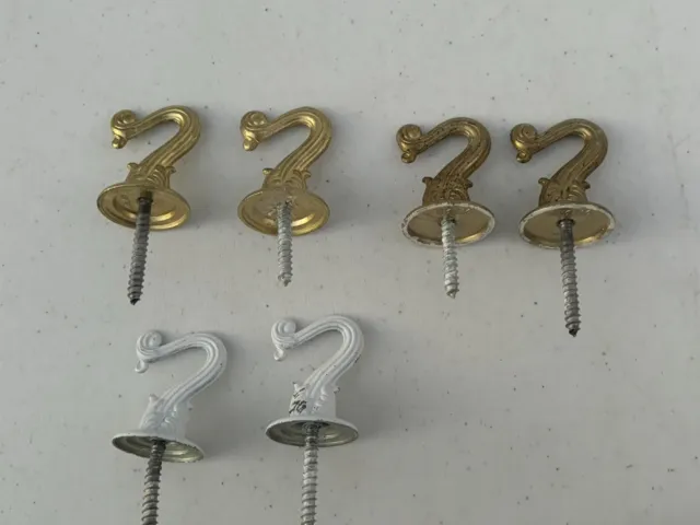 Lot of 6 Metal Ornate Hooks Gold Brass & White Reclaimed