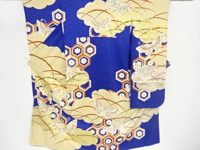 82777# Japanese Kimono / Antique Furisode / Embroidery / Flower Butterfly