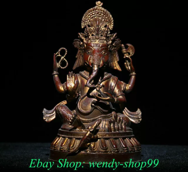 11" Old Tibetan Bronze 4 Arms Ganesh Lord Ganesha Elephant Buddha Sculpture