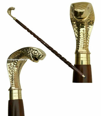 Antique Victorian Black Wooden snake Handle Walking Stick Brass Inlaid Cane Gift