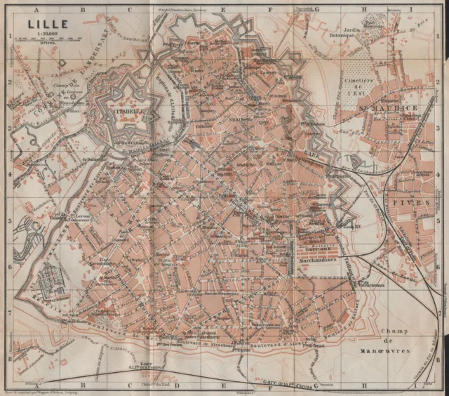 LILLE antique town city plan de la ville. Nord carte. BAEDEKER 1909 old map