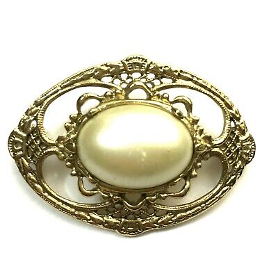 Vintage Nouveau Filigree Cameo BROOCH, Faux Pearl, Costume Jewelry, Pin, Box