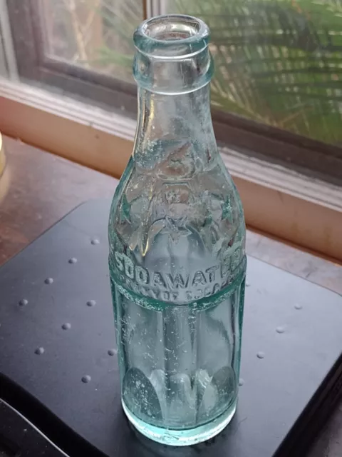 Vintage Light Aqua ~THOMSON,GA. SODA WATER BOTTLE SCARCE ART DECO DESIGN ~7.75"