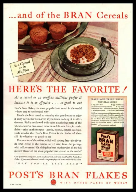 1929 Post's Bran Flakes Wheat Breakfast Cereal Bran Muffins Recipe Print Ad