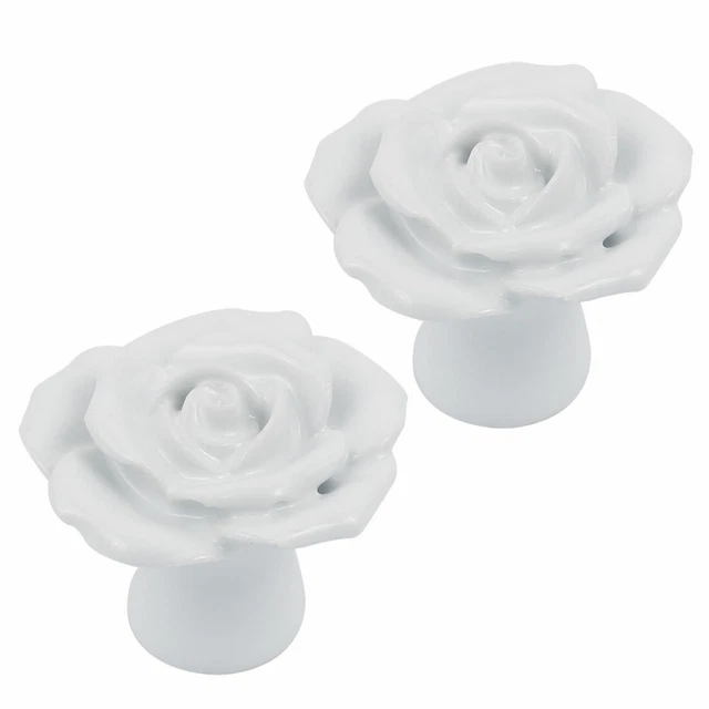 Cabinet Wardrobe Drawer Door Pull Rose Shape Design Ceramic Knobs White 2pcs