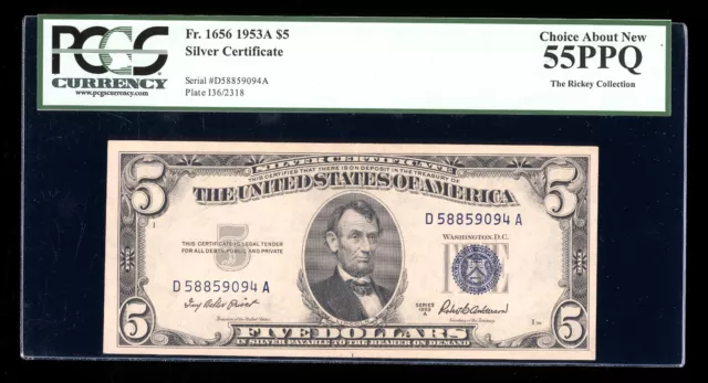 DBR 1953-A $5 Silver Fr. 1656 DA Block PCGS 55 PPQ Serial D58859094A