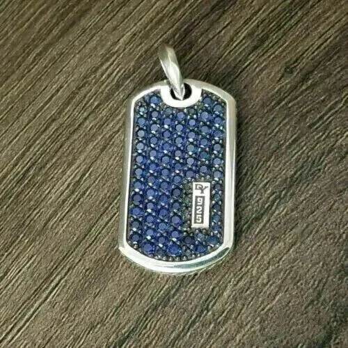 2Ct Round Cut Lab Created Sapphire Dog Tag Pendant 14K White Gold Plated Silver