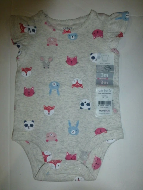 Carters Baby Infant Girl 3 Months Short Sleeve Animal Faces Bodysuit New