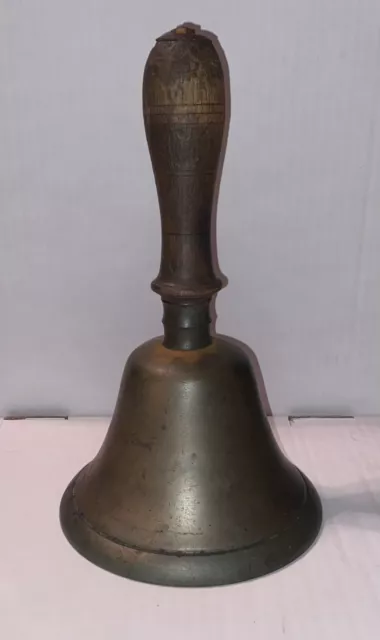 Vintage Antique Solid Brass 10” Hand Bell School Bell with Wood Handle