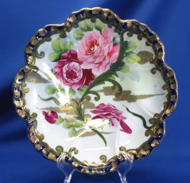 Hand-Painted Nippon / Japan Cobalt & Heavy Gold Pink & Red Roses Bowl 9.5"Dia