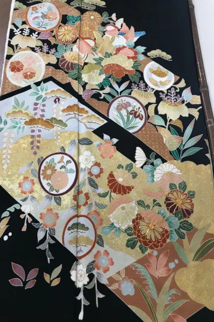 @@ Japanese kimono silk fabric/ tomesode black/ floral, gold L60