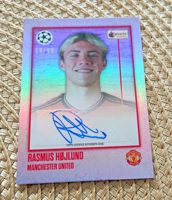 Rasmus Hojlund Auto 2023 Topps Heritage Merlin Red Refractor 6/99 CL Soccer