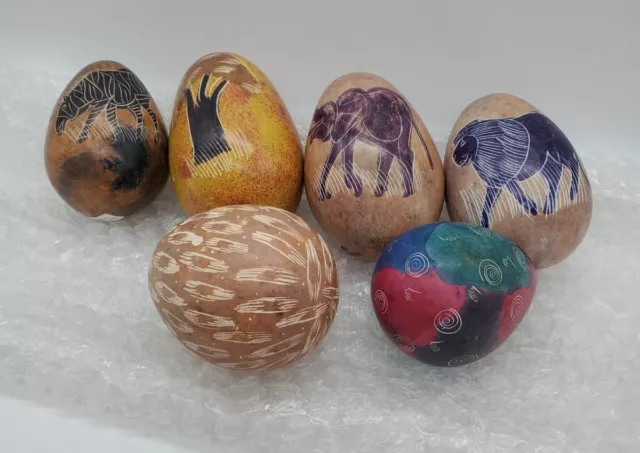 Soapstone Eggs African Hand Carved Made in Kenya (6) Zebra Elephant Lion b109