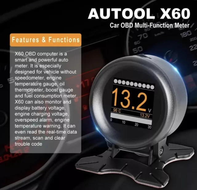 Car Multi-function Digital Meter Alarm Speed Engine Voltage Oil Temp AUTOOL X60