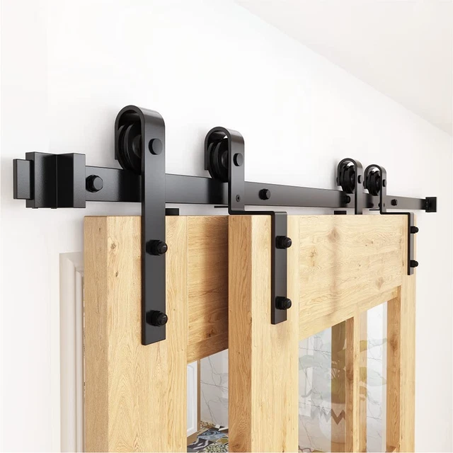 Bypass Sliding Barn Door Hardware Kit, Single Track, One-Piece Rail, Double Wood