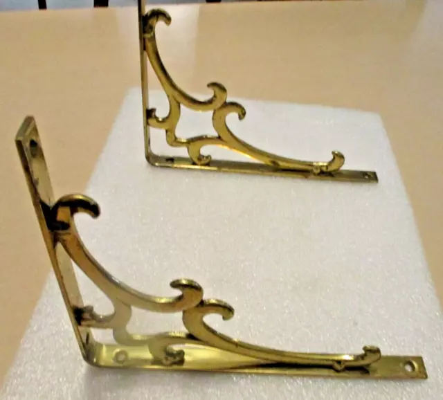 Real Nice Dif. Looking Pair Of Vintage Solid Brass Shelf Brackets,  7 1/4" By 9"