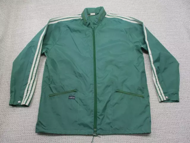 Vintage Adidas Jacket Adult L Green Team 3 Stripe Hooded Windbreaker Lined 80s