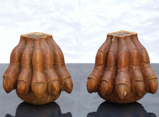 Rare PAIR Hand Carved Wood Chimera Griffin Monster Gothic Salvage Foot 19TH
