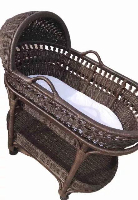 Pottery Barn Kids Wicker Bassinet Rattan Brown Wheels Boho Vibes Nursery Decor