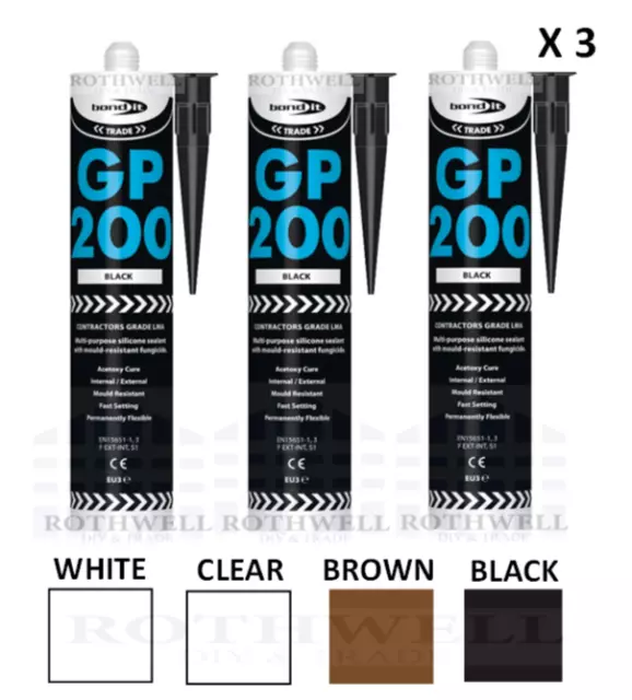 3 X Silicone Sealant General Purpose White Black Clear Brown Kitchens Bathrooms