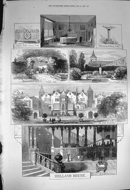 Original Old Antique Print 1872 Holland House Stephen Fox Money Chest Staircase