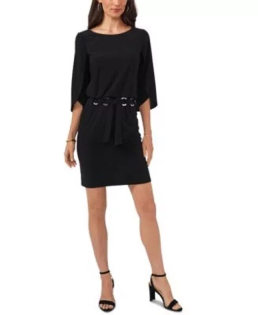 New MSK Women's Belted Tulip-Sleeve Dress Black Size Petite PS