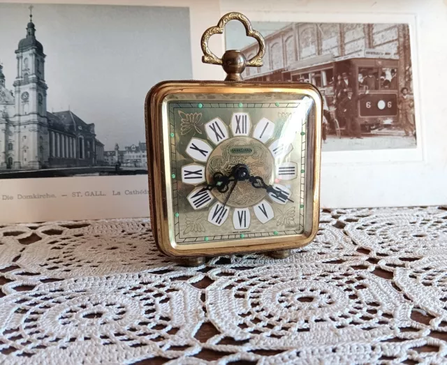Vintage alarm clock, Marksman, brass, filigree, wind up, mechanical, Germany