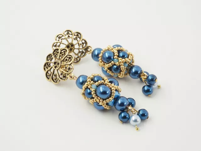 orecchini pendenti a lobo tessitura di perline vetro blu regalo amica
