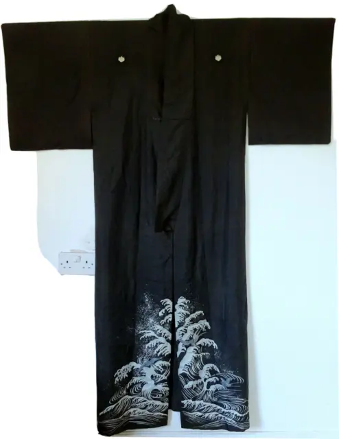 Antique Japanese Kimono Summer Light Silk Kimono Kuro Tomesode Crest Mon Wave #