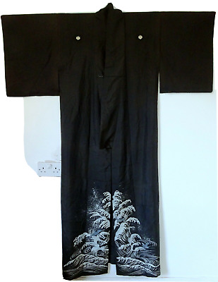Antique Japanese Summer Light Silk Kimono Kuro Tomesode Crest Mon Wave
