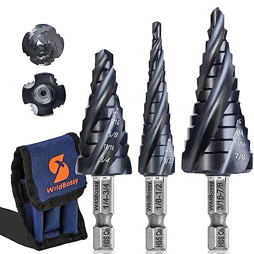 M35 Step Drill Bit Set 1/8"-7/8"(3 pcs), 1/4" Hex Shank HSS Four Spiral Flute...