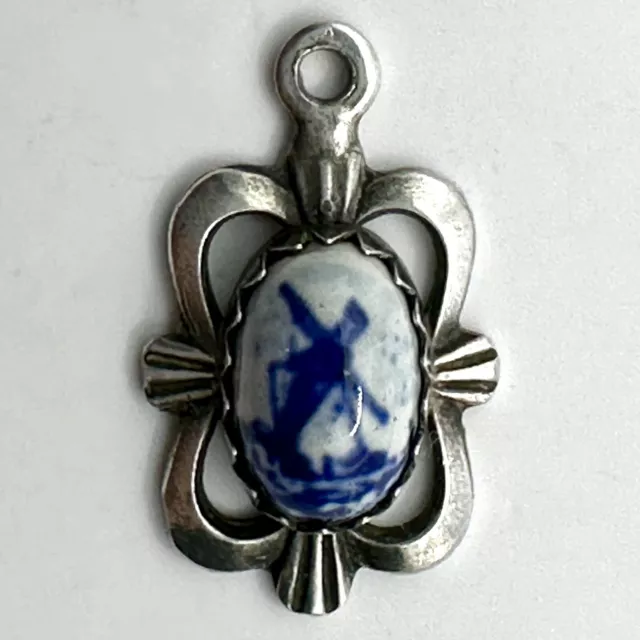 Delft Blue Windmill Oval Tiny Pendant Hallmarked Holland Continental Silver 835