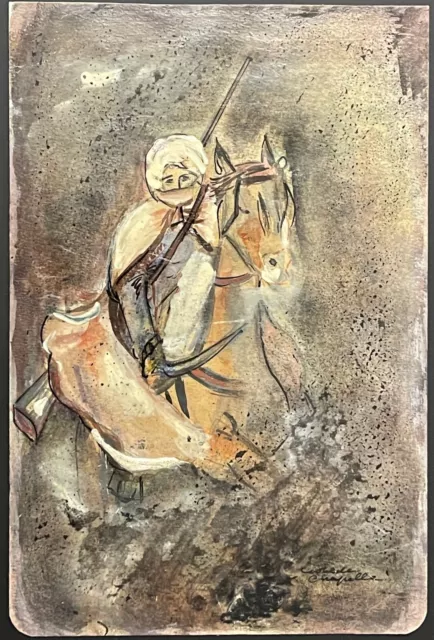 Marokko Reiter Fantasia Gouache Steinblau Kapelle C 1970 Pferd Orientalistisch 2