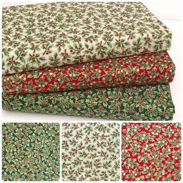 Christmas Fabric 100% Cotton Holly Berry Red Green Ivory Gold Metre Off The Roll