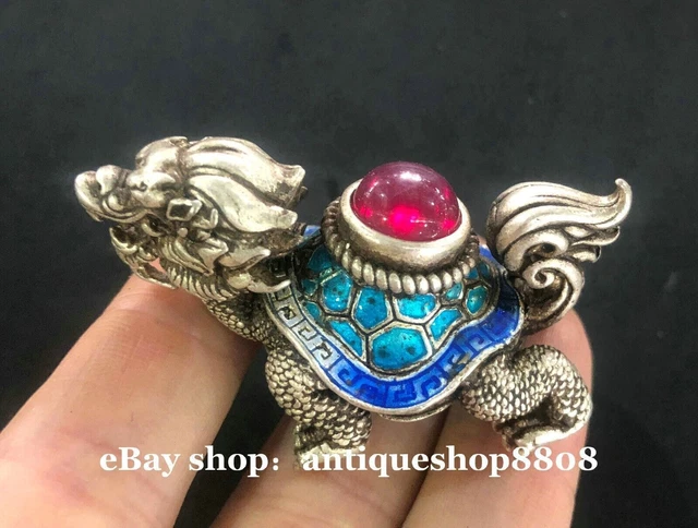 Chinese Miao Silver Red Jade Fengshui Dragon Tortoise Turtle Long Life Statue