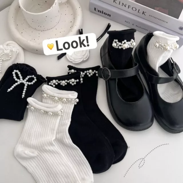 Cotton Lolita Girls Socks Cute Bow Mid-tube Socks  Matching Leather Shoes
