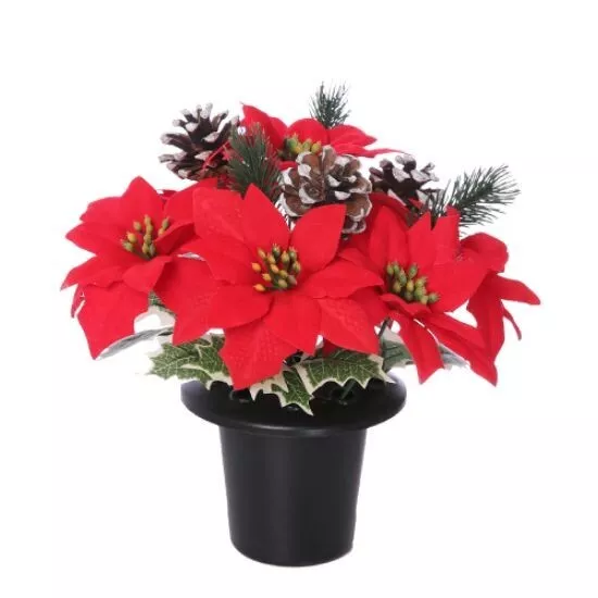 Christmas Red Poinsettia Grave Crem Cemetery Memorial Pot Flower Memorial Vase