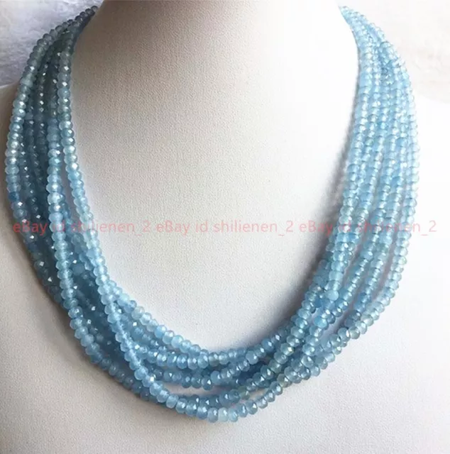 Facettierte 6 Reihen 2x4mm Hellblaue Aquamarin Edelstein Perlenkette 17-22"