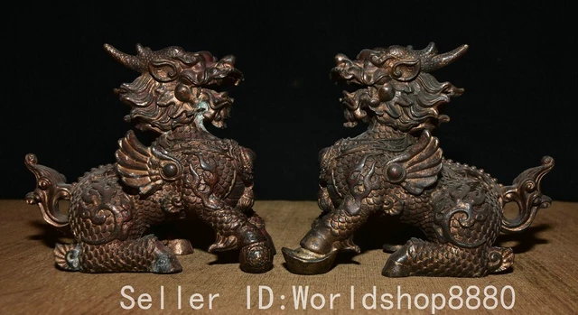 7.2" Old China Copper Gilt Fengshui Dragon Wing Kylin Unicorn Qilin Statue Pair