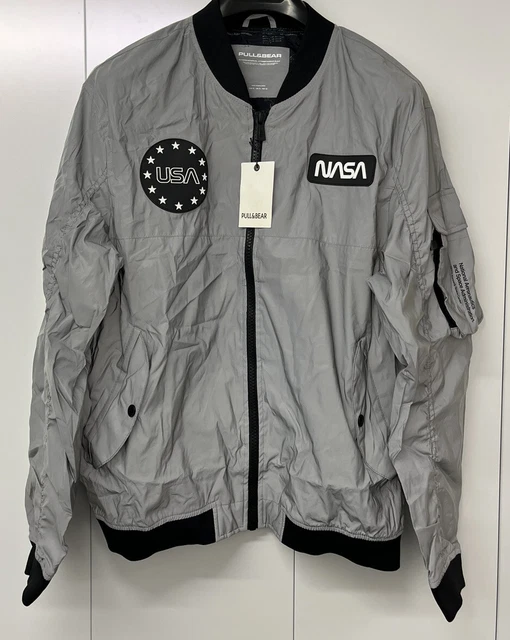 NASA PULL Bear Silver Bomber Jacket Size Men s XL Kennedy Space Centre 34.99 PicClick UK
