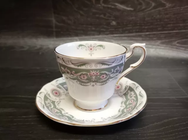 Vintage Paragon "Mayfair" Tea Cup And Saucer Green Scroll & Band Pink Flowers