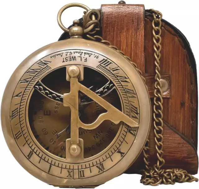 Messing 7,6 Cm Sonnenuhr-Kompass Mit Reinem Leder Kompass Antiker Nautischer Rep
