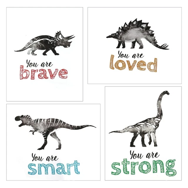 4 piezas de arte de pared de dinosaurios para habitación pequeña, carteles de guardería para bebés, motivacional J7G2